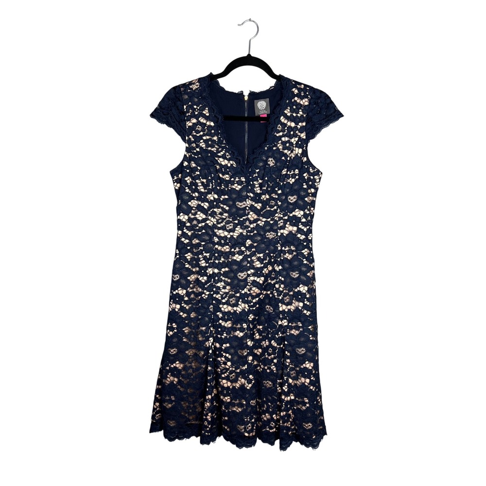 Vince Camuto Lace Dress Size 6 Cocktail‎ Party Navy Nude VNeck Knee Length VNeck